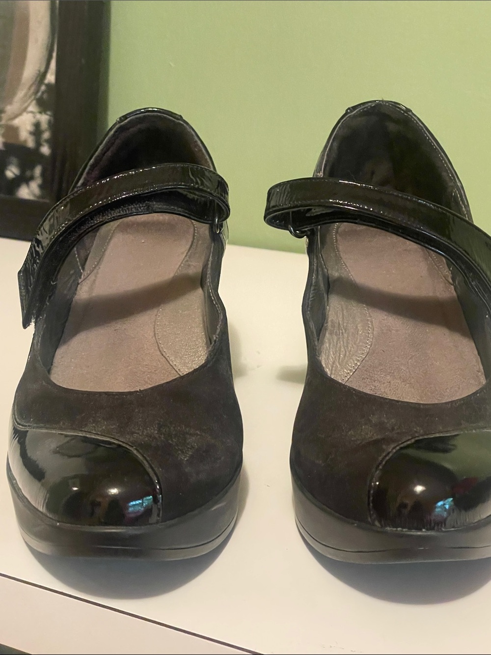 Naot Black Suede and Patent Mary Jane Platform Pumps
